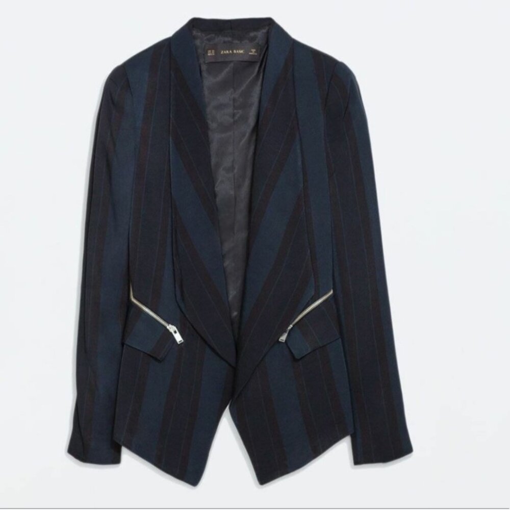 ZARA Navy Striped Wrap Waterfall Draped Blazer Jacked Coat with Zippers (Size S)